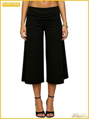 Fold Over Wide Leg Gaucho Capri Pants Lightweight Yoga Flare
